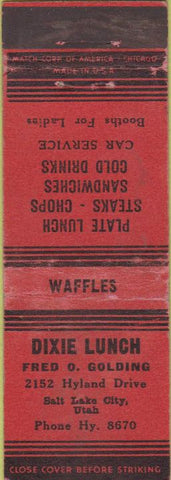 Matchbook Cover - Dixie Lunch Salt Lake City UT 30's Waffles WEAR