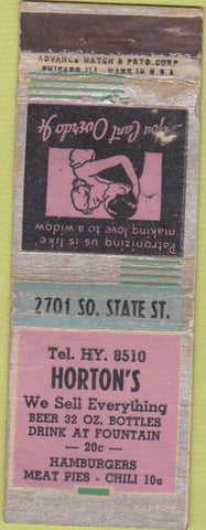 Matchbook Cover - Horton's Hamburgers Chicago? Advance WORN girlie