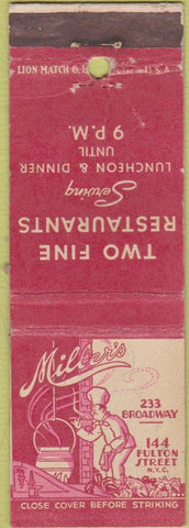 Matchbook Cover - Miller's Restaurant New York City CREASES