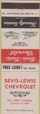 Matchbook Cover - Bevis Lewis Chevrolet Oldsmobiel Cadillac Key West FL