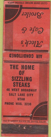 Matchbook Cover - Aleck's Cafe Broiler Salt Lake City UT