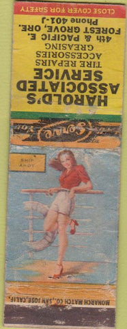 Matchbook Cover - Harrold's Associated oil gas Forest Grove OR pinup POOR