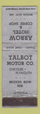 Matchbook Cover - Arrow Hotel Broken Bow NE Chrysler Plymouth Talbot Motors WEAR