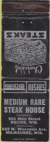 Matchbook Cover - Medium Rare Steak House Racine WI Milwaukee