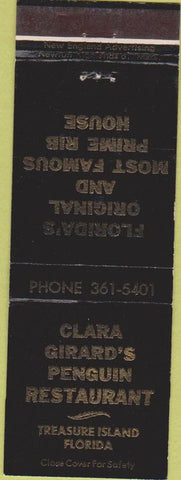 Matchbook Cover - Clara Girard's Penguin Restaurant Treasure Island FL