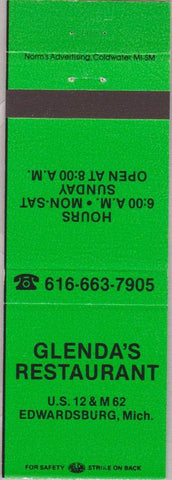 Matchbook Cover - Glenda's Restaurant Edwardsburg MI