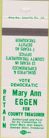 Matchbook Cover - Mary Ann Eggen Treasurer Rock County WI Janesville