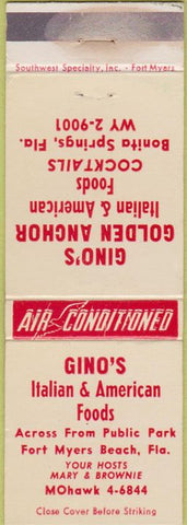Matchbook Cover - Gino's Italian Food Fort Myers Beach FL