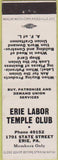 Matchbook Cover - Erie Labor Temple Club Erie PA