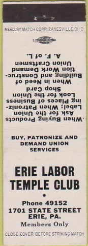 Matchbook Cover - Erie Labor Temple Club Erie PA