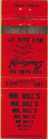 Matchbook Cover - Mr. Bills Sandwiches Rockville MD Blindness related