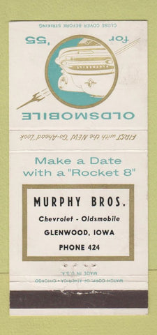 Matchbook Cover - 1955 Oldsmobile Murray Glenwood IA low phone # WEAR 30 Strike