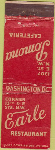 Matchbook Cover - Earle Restaruant Washington DC Federal