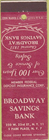 Matchbook Cover - Broadway Savings Bank New York City CREASE