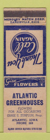 Matchbook Cover - Atlantic Greenhouses IA low phone # Ernie Zurfluh WEAR
