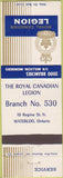Matchbook Cover - Royal Canadian Legion - Waterloo ON