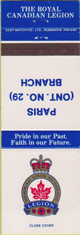 Matchbook Cover - Royal Canadian Legion - Paris ON