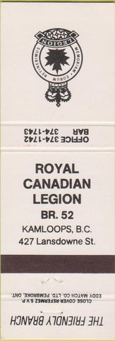 Matchbook Cover - Royal Canadian Legion - Kamloops BC