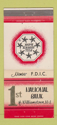 Matchbook Cover - 1st National Bank Williamstown NJ WORN 30 Strike