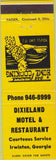 Matchbook Cover - Dixieland Motel Restaurant Irwinton GA