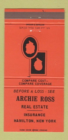 Matchbook Cover - Archie Ross Real Estate Hamilton NY ORANGE 30 Strike