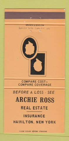 Matchbook Cover - Archie Ross Real Estate Hamilton NY LIGHT ORANGE 30 Strike