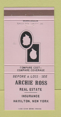 Matchbook Cover - Archie Ross Real Estate Hamilton NY LAVENDER 30 Strike