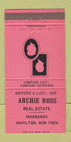 Matchbook Cover - Archie Ross Real Estate Hamilton NY PINK 30 Strike