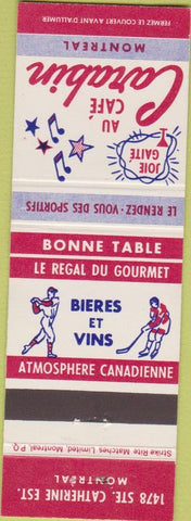 Matchbook Cover - Au Cafe Carabin Motreal QC baseball hockey