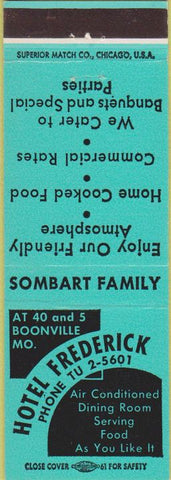 Matchbook Cover - Hotel Frederick Boonville MO greenish blue