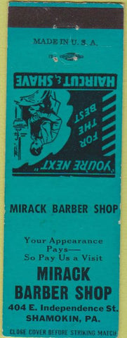Matchbook Cover - Mirack Barber Shop Shamokin PA