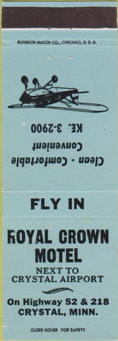 Matchbook Cover - Royal Crown Motel Crystal MN airport blue