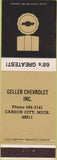 Matchbook Cover - Geller Chevrolet 1968 Carson City MI Camaro