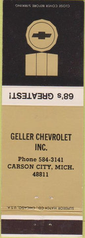 Matchbook Cover - Geller Chevrolet 1968 Carson City MI Camaro