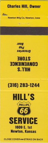Matchbook Cover - Hill's Phillips 66 oil gas Newton KS