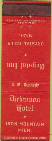 Matchbook Cover - Dickinson Hotel Iron Mountain MI Crystal Falls
