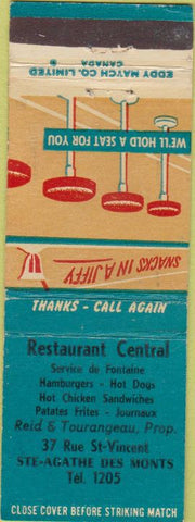 Matchbook Cover - Restaurant Central Ste Agathe Des Monts Eddy