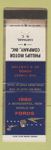 Matchbook Cover - 1960 Ford Phillips Motors Carthage NC WORN