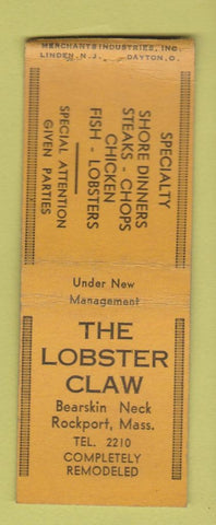 Matchbook Cover - Lobster Claw Rockport MA low phone # MERCHANTS BOBTAIL
