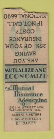 Matchbook Cover - Mutual Insurance Washington DC WORN BOBTAIL