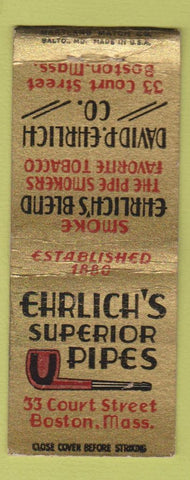 Matchbook Cover - Ehrlich's Pipes tobacco Boston MA BOBTAIL