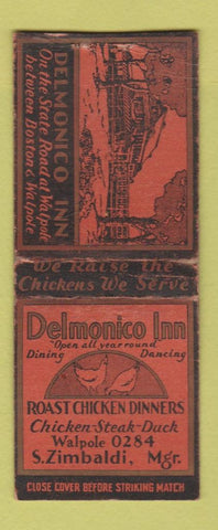 Matchbook Cover - Delmonico Inn Walpole MA low phone # BOBTAIL
