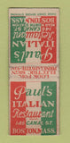 Matchbook Cover - Paul's Italian Restaurant Boston MA WORN BOBTAIL