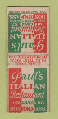 Matchbook Cover - Paul's Italian Restaurant Boston MA WORN BOBTAIL