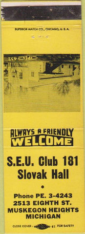 Matchbook Cover - SEU Slovak Hall Muskegon Heights MI