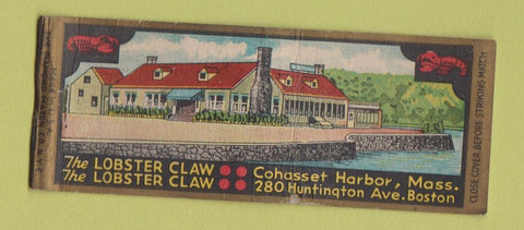 Matchbook Cover - Lobster Claw Cohasset Harbor MA Boston BOBTAIL