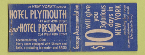 Matchbook Cover - Hotel Plymouth President New York City BOBTAIL