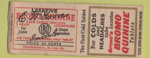 Matchbook Cover - Grove's Bromo Quinine Laxative St Louis MO WEAR BOBTAIL