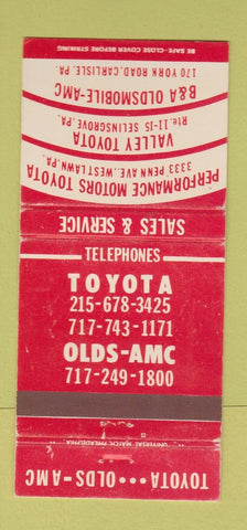 Matchbook Cover Toyota Oldsmobile AMC Carlisle West Lawn Selinsgrove 30 Strike