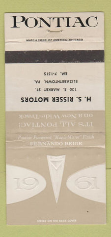 Matchbook Cover - Risser Pontiac Elizabethtown PA Fernando WORN 1961 30 Strike